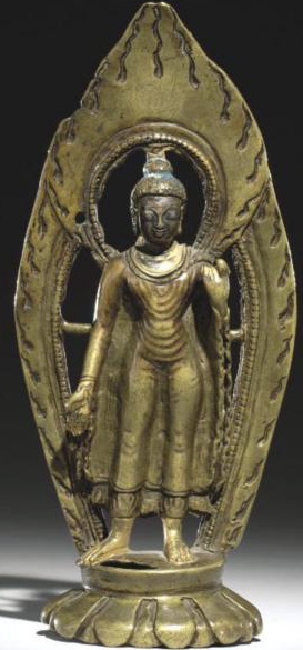 10th century circa, Kashmir, Shakyamuni, copper alloy with silver and copper inlay, private collection, photo by Sotheby's.